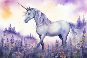 Naklejka na ściany i meble Illustrate a watercolor image of a unicorn grazing peacefully in a field of vibrant lavender, with a few butterflies, Generative Ai