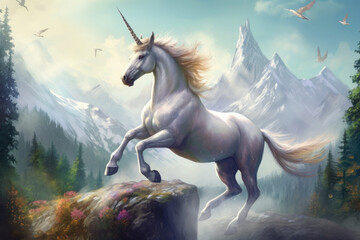 Naklejka na ściany i meble Illustrate a watercolor image of a unicorn rearing up on its hind legs, with a backdrop of a stunning mountain range