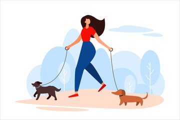 Girl walks with her dogs on a leash. Pet lovers, walking with puppies in park, teaching dogs to perform commands, adopting animals from shelter. Dog day. Vector illustration in flat style
