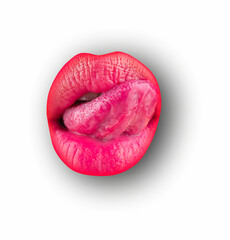 Sensual lips. Lips on white isolated background, clipping path. Mouth with red lip, close up. Sexy tongue licking sensual lips.