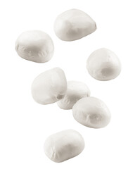 Falling Mozzarella cheese isolated on white background, full depth of field