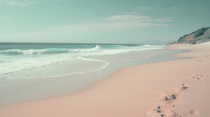 Obraz premium Coastal Pastel Beach with Sand and Waves in Cotton Candy Aesthetic, Peaceful Surreal Pink and Blue Hues - Generative AI