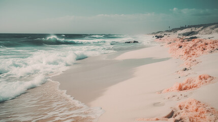 Coastal Pastel Beach with Sand and Waves in Cotton Candy Aesthetic, Peaceful Surreal Pink and Blue Hues - Generative AI