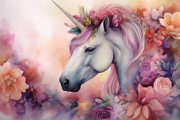 Naklejka na ściany i meble Paint a dreamy watercolor portrait of a unicorn standing among a bed of pink and purple peonies, with a rainbow in the background and a butterfly hovering nearby