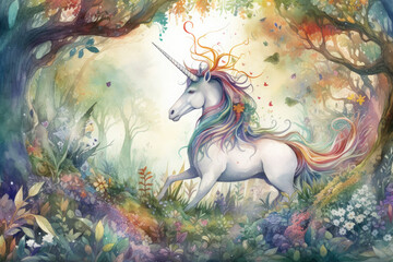 Illustrate a whimsical watercolor artwork of a unicorn prancing through a mystical forest, surrounded by enchanted creatures