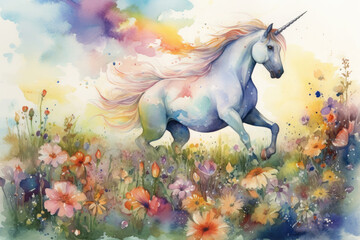 Obraz na płótnie Canvas Paint a colorful watercolor scene of a unicorn galloping through a field of wildflowers, with a rainbow overhead and butterflies dancing in the air