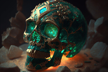 A a gold and green skull, Generative AI