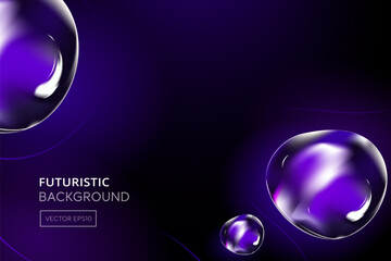 Futuristic purple fluid dynamic abstract drops floating in dark background with copy space