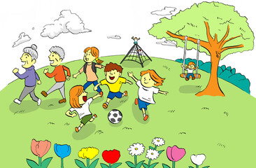 子どもたちがサッカーをして遊び、大人や高齢者がウォーキングする緑豊かな公園のイラスト（白背景）