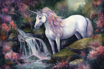 Plakat a watercolor painting of a unicorn with a serene expression, as it stands in a bed of purple and pink flowers with a waterfall cascading behind it