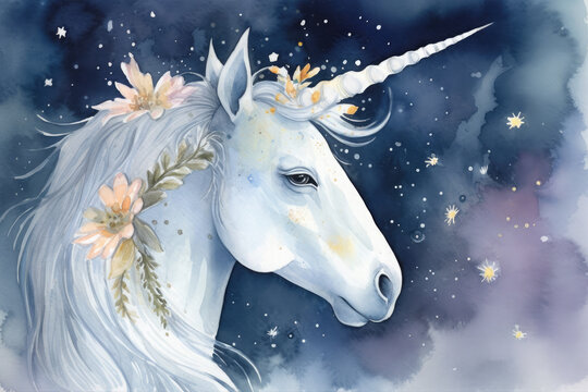 Paint a watercolor portrait of a unicorn with its horn catching the light of a full moon, surrounded by stars and floating dandelion seeds