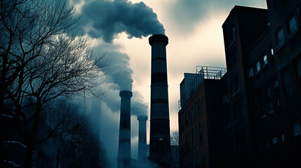 Fototapeta na wymiar Industrial Smoke Stacks Blowing Pollution into the Atmosphere, Climate Change Concept - Generative AI