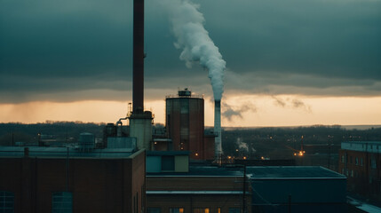 Industrial Smoke Stacks Blowing Pollution into the Atmosphere, Climate Change Concept - Generative AI