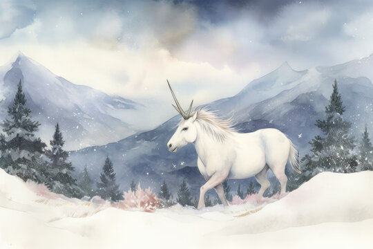 Illustrate a watercolor artwork of a unicorn playing in a field of snow with a backdrop of snow-capped mountains
