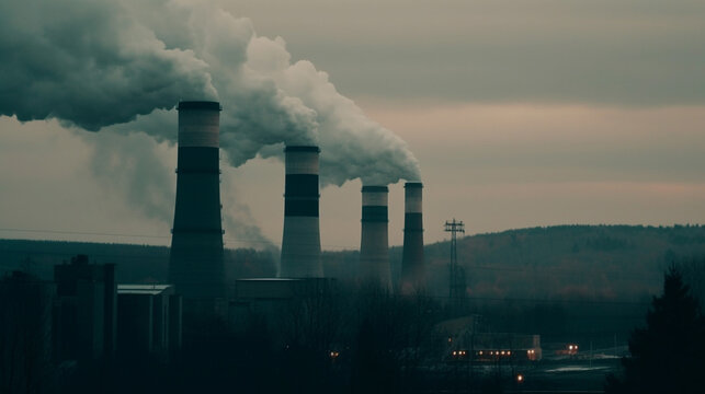 Industrial Smoke Stacks Blowing Pollution into the Atmosphere, Climate Change Concept - Generative AI
