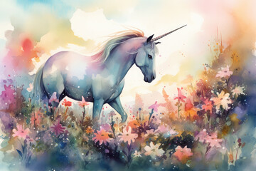 Obraz na płótnie Canvas Explore the beauty of nature in a watercolor artwork of a unicorn grazing in a field of colorful flowers, with a crystal-clear, Generative Ai