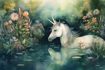 Naklejka na ściany i meble Illustrate a watercolor image of a unicorn drinking from a tranquil, blue pond, surrounded by lush greenery, Generative Ai
