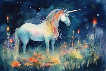 Obraz na płótnie Canvas a fantasy watercolor of a unicorn with a glowing horn, standing in a field of glowing mushrooms, Generative Ai