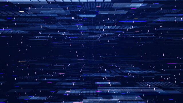 Digital information technology concept. Cybersecurity and protection system from online crime threats. Data Analytics or Data Science. Binary code on dark blue background.