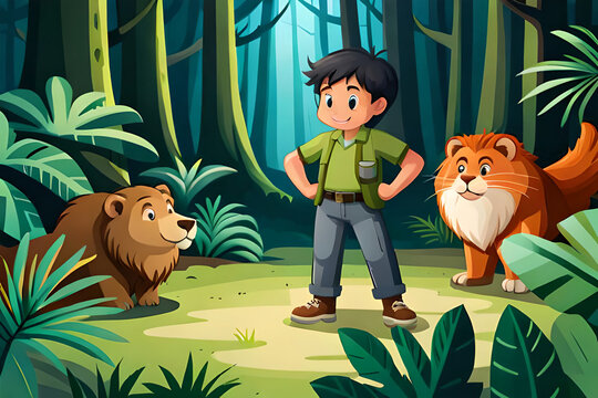 A Cute Kid Character exploring Wildlife in the jungle, Adventures with two lions, children's animated films, AI