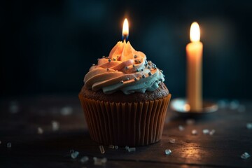 Plakat A delicious birthday cupcake with a glowing candle and tempting frosting. Generative AI