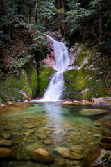 Beautiful and serene waterfall at Jakuchi Gorge, Goryu Falls, 7 falls hike in Iwakuni, Yamaguchi prefecture, Japan.