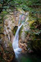 Fototapeta na wymiar Beautiful and serene waterfall at Jakuchi Gorge, Goryu Falls, 7 falls hike in Iwakuni, Yamaguchi prefecture, Japan.