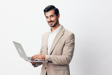 man business computer job copyspace freelancer internet suit cheerful smiling laptop