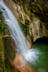 Beautiful and serene waterfall at Jakuchi Gorge, Goryu Falls, 7 falls hike in Iwakuni, Yamaguchi prefecture, Japan.