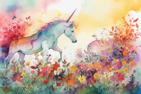 a vibrant watercolor image of a unicorn and Pegasus grazing together in a meadow of wildflowers, with a bright and cheerful rainbow overhead