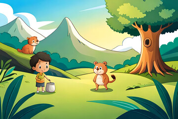 A Cute Kid Character with his pet animals in the jungle, Exploring Wildlife, playing with little bear, children's animated films, children's story, kid story, 4k, animal wallpaper, bear background, AI