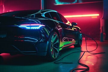 A neon holographic electric car charger represents the future. Generative AI