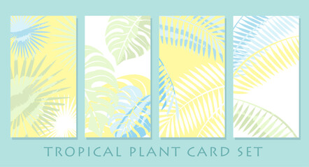 Fototapeta na wymiar Vector Pastel-Colored Tropical Plant Greeting Card Set Isolated On A Plain Background.