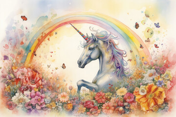 Obraz na płótnie Canvas Illustrate a whimsical watercolor painting of a unicorn and Pegasus surrounded by a garden of colorful spring blooms, with a rainbow spanning the horizon
