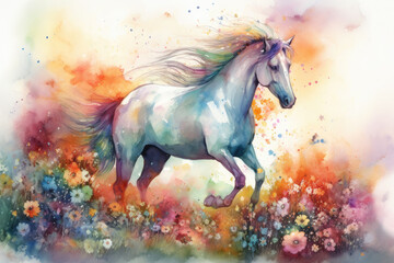 Naklejka na ściany i meble an enchanting watercolor image of a unicorn and Pegasus frolicking in a meadow of colorful spring blooms, with a rainbow in the background