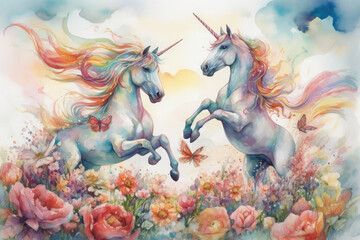 Imagine the joy of seeing a unicorn and a Pegasus playing together in a watercolor painting, with the backdrop of a rainbow sky and a field of blooming spring flowers