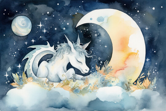 an enchanting watercolor artwork of a unicorn nuzzling a baby dragon, with a starry night sky above and a full moon shining bright