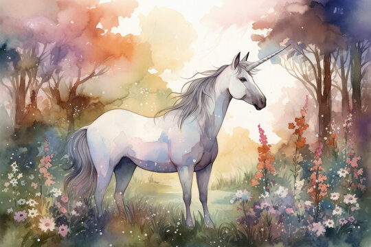 a watercolor image of a unicorn standing amidst a grove of trees, surrounded by a profusion of wildflowers