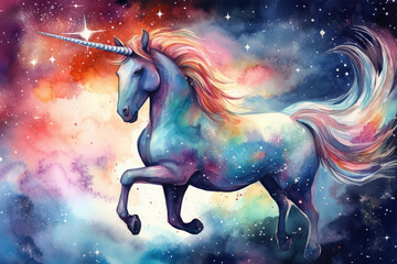 Fototapeta na wymiar Design a watercolor artwork of a unicorn with a galaxy background, with stars and planets shining bright all around it