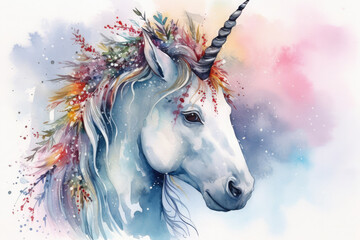 Fototapeta na wymiar Paint a watercolor portrait of a unicorn in a winter wonderland, surrounded by snow-covered trees and icy crystals