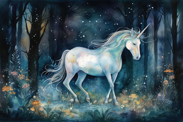 Paint a watercolor illustration of a majestic unicorn walking through a magical forest filled with glowing mushrooms and shimmering fireflies