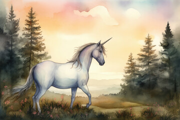Obraz na płótnie Canvas Draw a watercolor image of a unicorn standing at the edge of a forest, looking out over a vast, rolling meadow