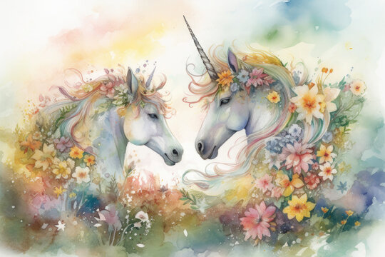 Design a watercolor image of a unicorn frolicking through a meadow of wildflowers with a group of woodland animals