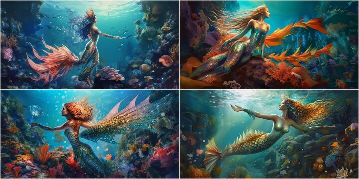 Immerse yourself in a detailed and realistic underwater adventure. Look at the mermaid princess from head to tail with exquisite details. Coral reef background and soda water fishes complement