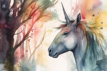 Illustrate a watercolor portrait of a unicorn peeking out from behind a tree in a mysterious and enchanted forest