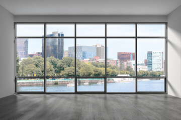 Plakat Panoramic picturesque city view of Boston at day time from modern empty room, Massachusetts. An intellectual, technological and political center. 3d rendering.