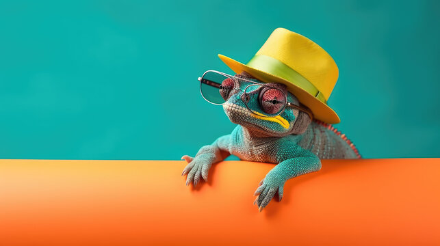 chameleon wearing sunglasses and hat, pet influencer concept, blue background with copy space, generative ai illustration