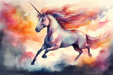 Plakat Design a colorful watercolor picture of a unicorn in flight, soaring through the clouds with a beautiful sunset in the background