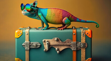 chameleon wearing sunglasses standing on a green suitcase, pet influencer concept, orange background with copy space, generative ai illustration
