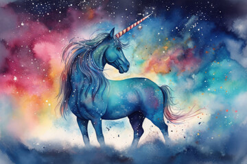 Obraz na płótnie Canvas Design a magical watercolor picture of a unicorn walking on a rainbow bridge over a vast, starry night sky